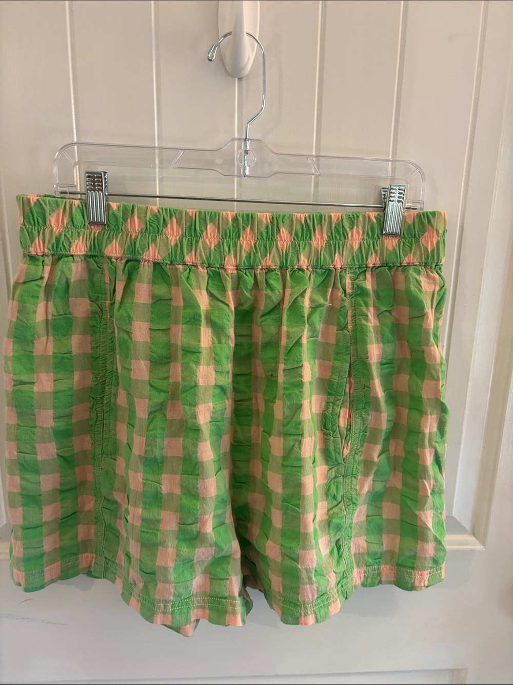 Free People Green and Pink Gingham Elastic-Waist Shorts
